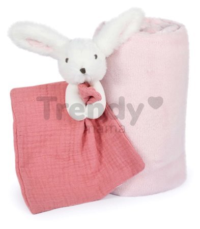 Deka pre najmenších Bunny Happy Boho Doudou et Compagnie s plyšovým zajačikom na maznanie ružová 100*70 cm od 0 mes