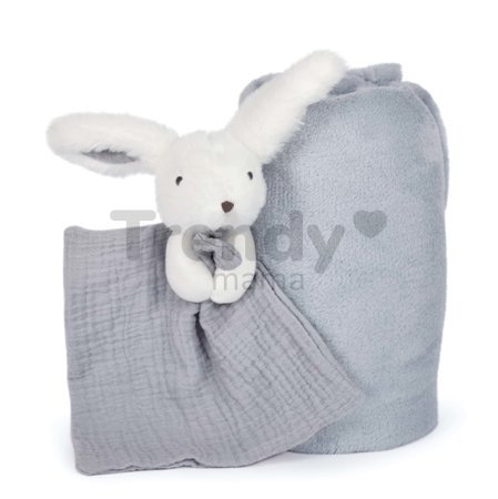 Deka pre najmenších Bunny Happy Glossy Doudou et Compagnie s plyšovým zajačikom na maznanie modrá 100*70 cm od 0 mes