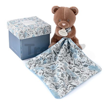 Plyšový medvedík na maznanie Bear Boh'aime Doudou et Compagnie hnedo-modrý 12 cm v darčekovom balení od 0 mes
