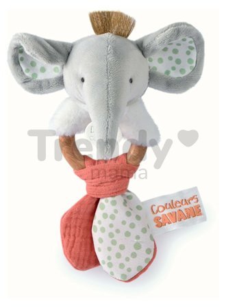 Plyšový sloník s hrkálkou Couleurs Savane Doudou et Compagnie sivo-ružový 15 cm od 0 mes