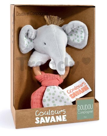Plyšový sloník s hrkálkou Couleurs Savane Doudou et Compagnie sivo-ružový 15 cm od 0 mes