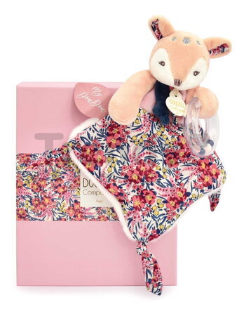 Plyšový jelenček s hrkálkou Rattle Deer Boh'aime Doudou et Compagnie v darčekovom balení ružový 22 cm od 0 mes DC4221