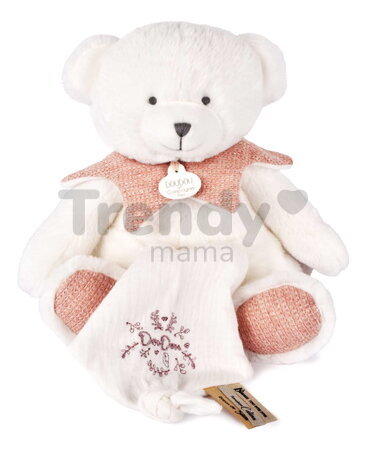 Plyšový medvedík s handričkou na maznanie Doudou 25 Years Puppet with Handkerchief Pink Doudou et Compagnie v darčekovom balení ružový 30 cm od 0 mes