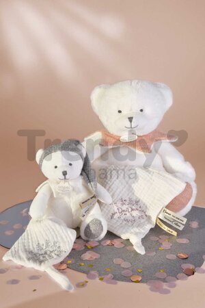 Plyšový medvedík s handričkou na maznanie Doudou 25 Years Puppet with Handkerchief Pink Doudou et Compagnie v darčekovom balení ružový 30 cm od 0 mes