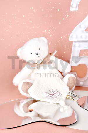 Plyšový medvedík s handričkou na maznanie Doudou 25 Years Puppet with Handkerchief Pink Doudou et Compagnie v darčekovom balení ružový 30 cm od 0 mes