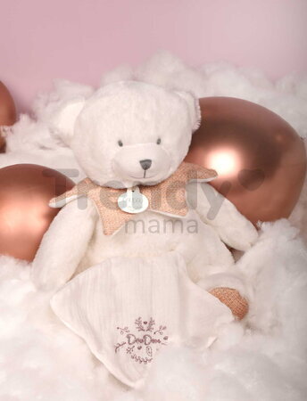 Plyšový medvedík s handričkou na maznanie Doudou 25 Years Puppet with Handkerchief Pink Doudou et Compagnie v darčekovom balení ružový 30 cm od 0 mes