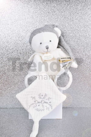 Plyšový medvedík s klipom na cumlík Doudou 25 Years Dummy Holder Grey Doudou et Compagnie narodeninová edícia sivý 20 cm od 0 mes