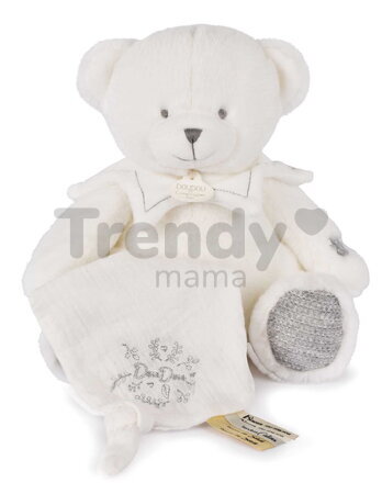Plyšový medvedík s handričkou na maznanie Doudou 25 Years Puppet with Handkerchief Grey Doudou et Compagnie v darčekovom balení sivý 30 cm od 0 mes