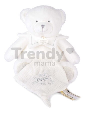 Plyšový medvedík s handričkou na maznanie Doudou 25 Years Puppet with Handkerchief White Doudou et Compagnie v darčekovom balení biely 30 cm od 0 mes