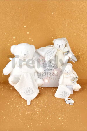 Plyšový medvedík s klipom na cumlík Doudou 25 Years Dummy Holder White Doudou et Compagnie narodeninová edícia biely 20 cm od 0 mes