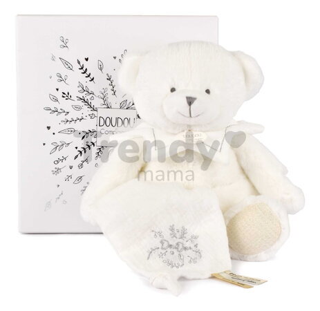 Plyšový medvedík s handričkou na maznanie Doudou 25 Years Puppet with Handkerchief White Doudou et Compagnie v darčekovom balení biely 30 cm od 0 mes