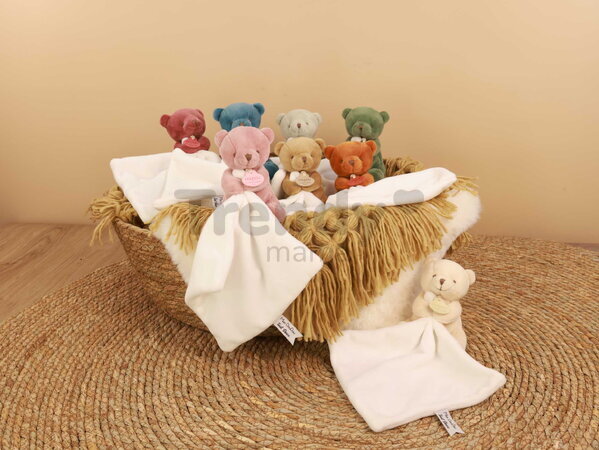 Plüss mackó kendővel dédelgetéshez My Little Bear Doudou et Compagnie ajándékcsomagolásban több színben 10 cm 0 hó-tól