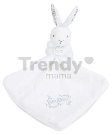 Plüss nyuszi dédelgetéshez kendővel Bunny with a Comforter White Doudou et Compagnie ajándékcsomagolásban fehér 10 cm 0 hó-tól
