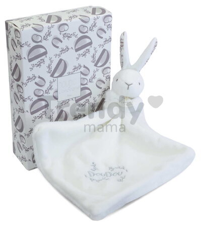 Plüss nyuszi dédelgetéshez kendővel Bunny with a Comforter White Doudou et Compagnie ajándékcsomagolásban fehér 10 cm 0 hó-tól