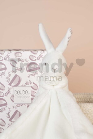 Plüss nyuszi dédelgetéshez kendővel Bunny with a Comforter White Doudou et Compagnie ajándékcsomagolásban fehér 10 cm 0 hó-tól