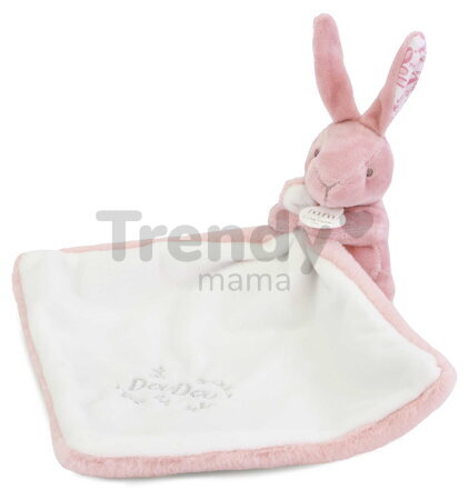 Plüss nyuszi dédelgetéshez kendővel Bunny with a Comforter Pink Doudou et Compagnie ajándékcsomagolásban rózsaszín 10 cm 0 hó-tól