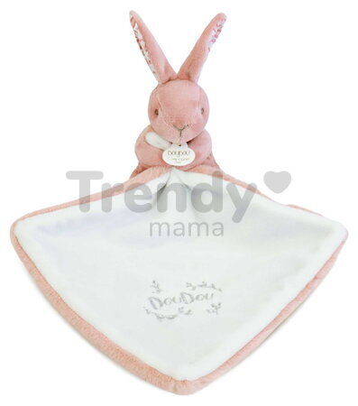 Plüss nyuszi dédelgetéshez kendővel Bunny with a Comforter Pink Doudou et Compagnie ajándékcsomagolásban rózsaszín 10 cm 0 hó-tól