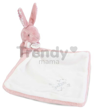 Plüss nyuszi dédelgetéshez kendővel Bunny with a Comforter Pink Doudou et Compagnie ajándékcsomagolásban rózsaszín 10 cm 0 hó-tól
