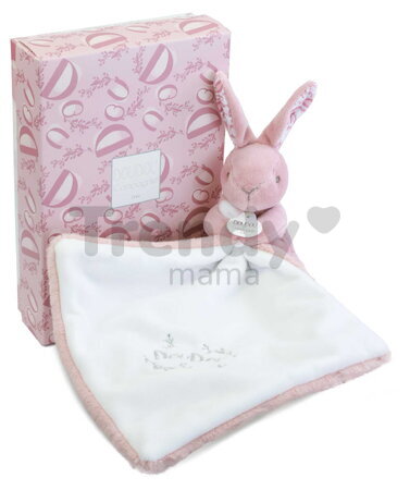 Plüss nyuszi dédelgetéshez kendővel Bunny with a Comforter Pink Doudou et Compagnie ajándékcsomagolásban rózsaszín 10 cm 0 hó-tól