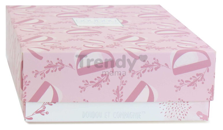 Plüss nyuszi dédelgetéshez kendővel Bunny with a Comforter Pink Doudou et Compagnie ajándékcsomagolásban rózsaszín 10 cm 0 hó-tól