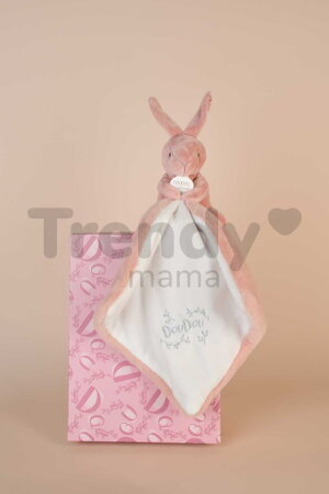Plüss nyuszi dédelgetéshez kendővel Bunny with a Comforter Pink Doudou et Compagnie ajándékcsomagolásban rózsaszín 10 cm 0 hó-tól