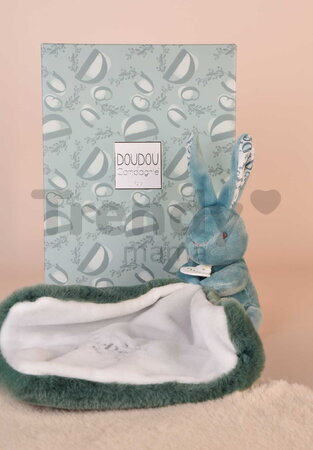 Plüss nyuszi dédelgetéshez kendővel Bunny with a Comforter Sage Green Doudou et Compagnie ajándékcsomagolásban zöld 10 cm 0 hó-tól