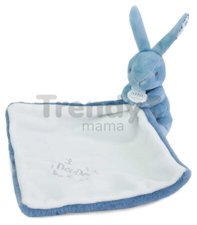 Plüss nyuszi dédelgetéshez kendővel Bunny with a Comforter Blue Doudou et Compagnie ajándékcsomagolásban kék 10 cm 0 hó-tól