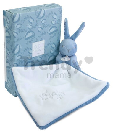 Plüss nyuszi dédelgetéshez kendővel Bunny with a Comforter Blue Doudou et Compagnie ajándékcsomagolásban kék 10 cm 0 hó-tól
