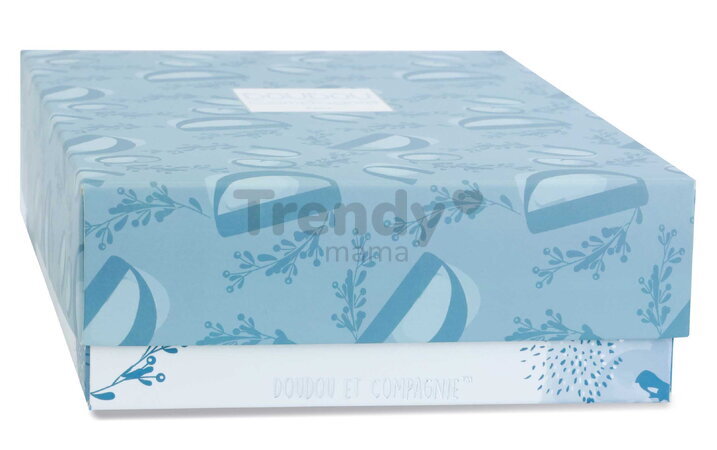 Plüss nyuszi dédelgetéshez kendővel Bunny with a Comforter Blue Doudou et Compagnie ajándékcsomagolásban kék 10 cm 0 hó-tól
