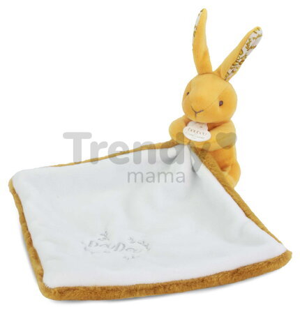 Plüss nyuszi dédelgetéshez kendővel Bunny with a Comforter Ochre Doudou et Compagnie ajándékcsomagolásban sárga 10 cm 0 hó-tól