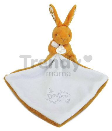 Plüss nyuszi dédelgetéshez kendővel Bunny with a Comforter Ochre Doudou et Compagnie ajándékcsomagolásban sárga 10 cm 0 hó-tól