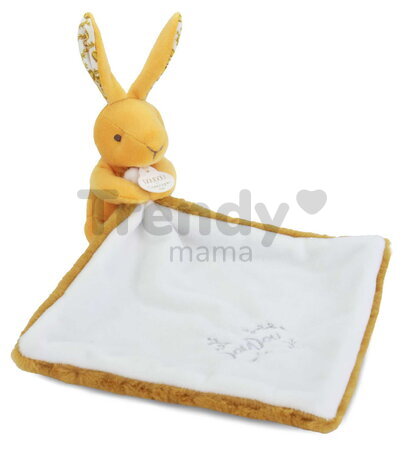 Plüss nyuszi dédelgetéshez kendővel Bunny with a Comforter Ochre Doudou et Compagnie ajándékcsomagolásban sárga 10 cm 0 hó-tól