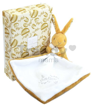 Plüss nyuszi dédelgetéshez kendővel Bunny with a Comforter Ochre Doudou et Compagnie ajándékcsomagolásban sárga 10 cm 0 hó-tól