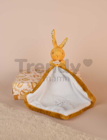 Plüss nyuszi dédelgetéshez kendővel Bunny with a Comforter Ochre Doudou et Compagnie ajándékcsomagolásban sárga 10 cm 0 hó-tól