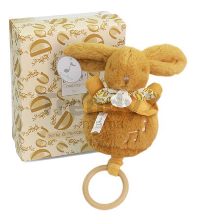 Plyšový zajačik s melódiou Lapin Doudou Music Box Ochre Doudou et Compagnie v darčekovom balení žltý 20 cm od 0 mes