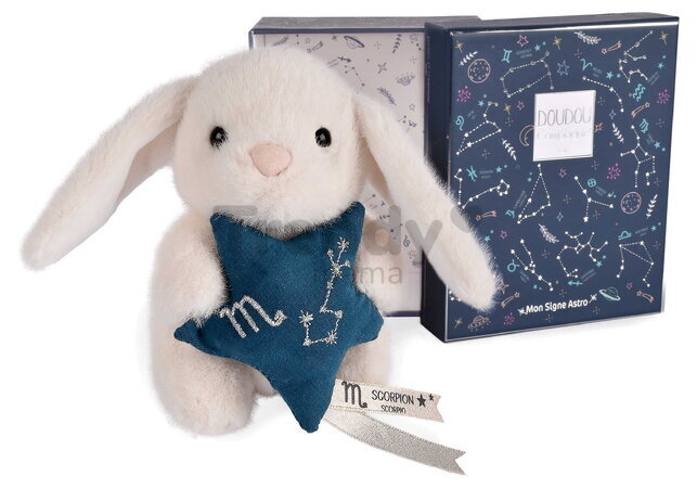 Plyšový zajačik s hviezdičkou Škorpión White Bunny Scorpio Astro Plush with Comforter Doudou et Compagnie v darčekovom balení biely 12 cm od 0 mes DC4