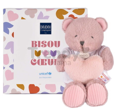Plyšový medvedík so srdiečkom Heart Bear Unicef Doudou et Compagnie v darčekovom balení ružový 24 cm od 0 mes DC4680