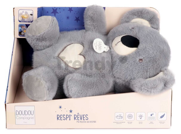 Plyšová koala s pohybmi dýchania Koala Breathing Plush Respi'rêves Doudou et Compagnie so svetlom bielym šumom a hudbou sivá 28 cm od 0 mes DC4682