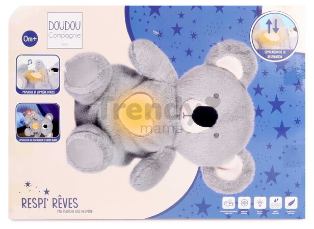 Plyšová koala s pohybmi dýchania Koala Breathing Plush Respi'rêves Doudou et Compagnie so svetlom bielym šumom a hudbou sivá 28 cm od 0 mes DC4682