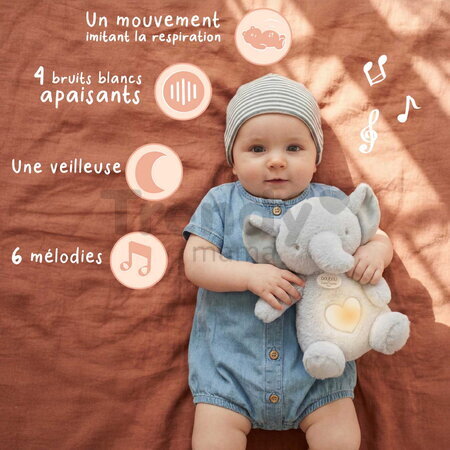 Plyšový sloník s pohybmi dýchania Elephant Breathing Plush Respi'rêves Doudou et Compagnie so svetlom bielym šumom a hudbou sivý 28 cm od 0 mes DC4683