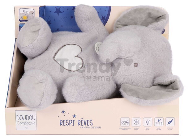 Plyšový sloník s pohybmi dýchania Elephant Breathing Plush Respi'rêves Doudou et Compagnie so svetlom bielym šumom a hudbou sivý 28 cm od 0 mes DC4683