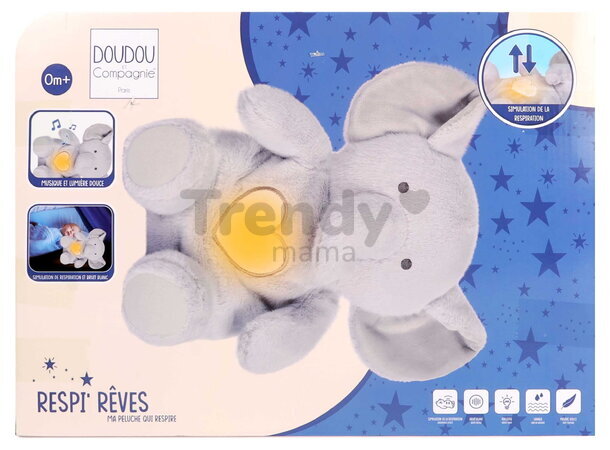 Plyšový sloník s pohybmi dýchania Elephant Breathing Plush Respi'rêves Doudou et Compagnie so svetlom bielym šumom a hudbou sivý 28 cm od 0 mes DC4683