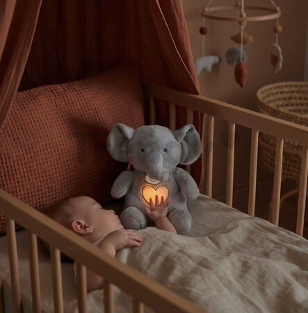 Plyšový sloník s pohybmi dýchania Elephant Breathing Plush Respi'rêves Doudou et Compagnie so svetlom bielym šumom a hudbou sivý 28 cm od 0 mes DC4683