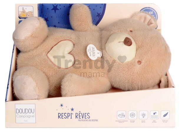 Plyšový medvedík s pohybmi dýchania Bear Breathing Plush Respi'rêves Doudou et Compagnie so svetlom bielym šumom a hudbou hnedý 28 cm od 0 mes DC4684
