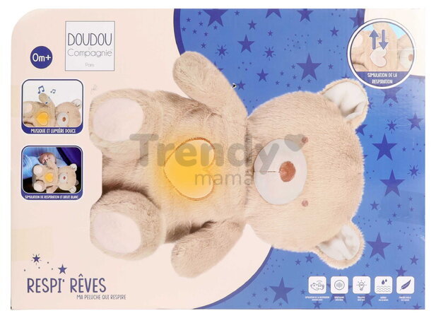 Plyšový medvedík s pohybmi dýchania Bear Breathing Plush Respi'rêves Doudou et Compagnie so svetlom bielym šumom a hudbou hnedý 28 cm od 0 mes DC4684