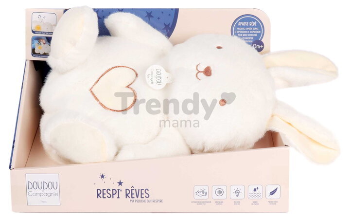 Plyšový zajačik s pohybmi dýchania Bunny Breathing Plush Respi'rêves Doudou et Compagnie so svetlom bielym šumom a hudbou biely 28 cm od 0 mes DC4685