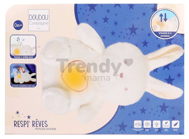 Plyšový zajačik s pohybmi dýchania Bunny Breathing Plush Respi'rêves Doudou et Compagnie so svetlom bielym šumom a hudbou biely 28 cm od 0 mes DC4685