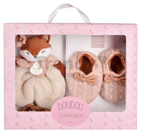 Darčeková sada pre bábätko Mina Slipper and Doudou Set Doudou et Compagnie papučky a líštička na maznanie v darčekovom balení ružová 18 cm od 0 mes DC