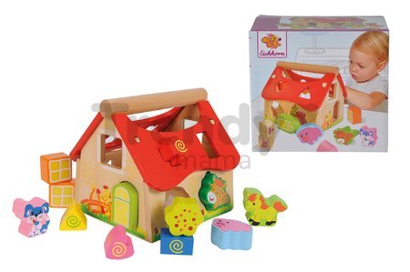 Drevený didaktický domček Shape Sorter House Eichhorn s 12 vkladacími kockami od 12 mes