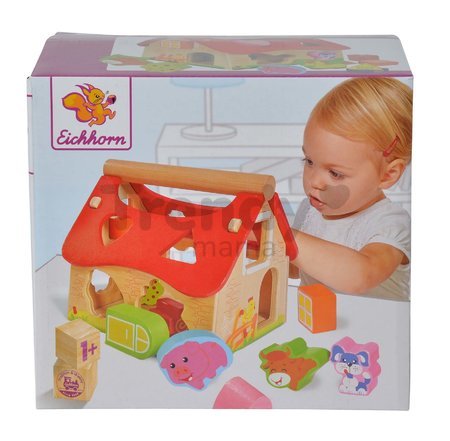 Drevený didaktický domček Shape Sorter House Eichhorn s 12 vkladacími kockami od 12 mes